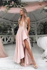 Simple Light Pink Asymmetrical Prom Sexy Spaghetti Strap Bridesmaid Dress