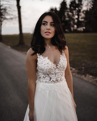 Simple Long A-line V-neck Tulle Wedding Dress With Appliques
