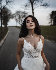 Simple Long A-line V-neck Tulle Wedding Dress With Appliques