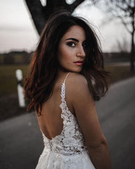 Simple Long A-line V-neck Tulle Wedding Dress With Appliques