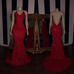 Simple Red Sequins Spaghetti Strap Open Back Prom Dress
