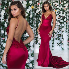 Simple Red Spaghetti Strap Appliques Prom Dress