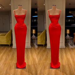 Simple Red Spaghetti Strap Sheath Floor-Length Prom Dress