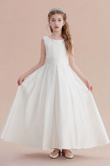 Simple Sleeveless Jewel A-line Flower Girl Dress with Handmade Flowers