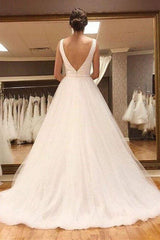 Simple V Neck Open Back White Tulle Long Wedding Dresses