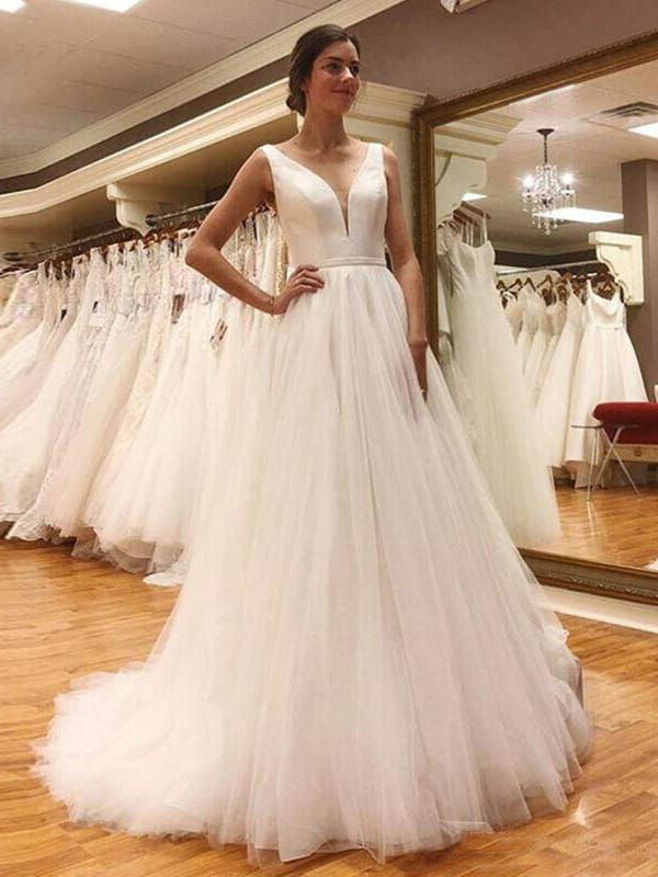 Simple V Neck Open Back White Tulle Long Wedding Dresses