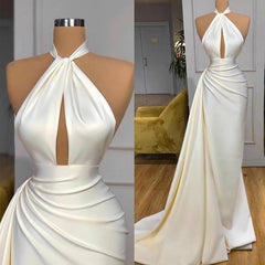 Simple White Halter Sheath Ruffles Prom Dress