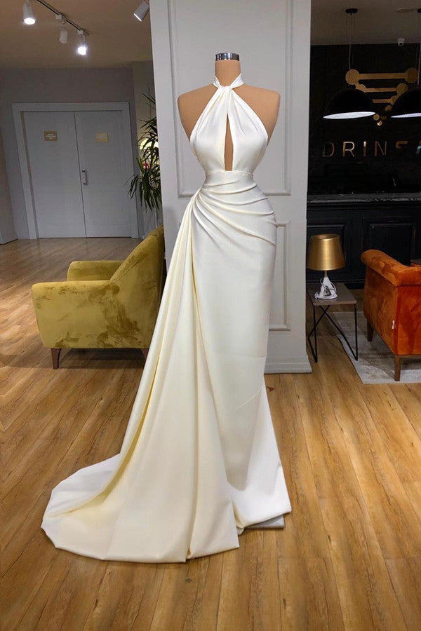 Simple White Halter Sheath Ruffles Prom Dress