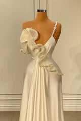 Simple White Soft Satin One-Shoulder Ruffles Prom Dress