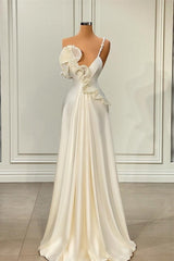 Simple White Soft Satin One-Shoulder Ruffles Prom Dress