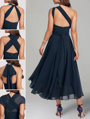 Aimishang A-Line Blue Wedding Guest Dresses Convertible Infinity Mother Dress Formal Tea Length Sleeveless One Shoulder Chiffon with Ruched