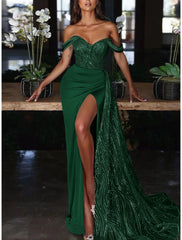 Mermaid Dress Evening Gown Red Green Dress Dress Formal Wedding Guest Court Train Sleeveless Off Shoulder Charmeuse with Ruched Sequin Slit