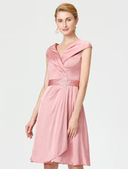 Aimishang A-Line Mother of the Bride Dress Elegant V Neck Knee Length Satin Chiffon Short Sleeve No with Sash / Ribbon Pleats Beading
