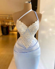 Sky Blue Mermaid One Shoulder Appliques Soft Satin Prom Dress