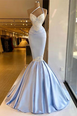 Sky Blue Mermaid One Shoulder Appliques Soft Satin Prom Dress