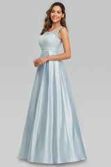 Sky Blue Sleeveless Lace Evening Gowns Long Prom Dress Online