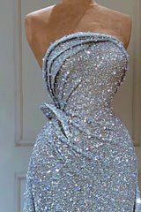 Sky Blue Strapless Sequins Ruffles Crystal Prom Dress