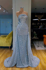 Sky Blue Strapless Sequins Ruffles Crystal Prom Dress