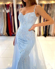 Sky Elegant Spaghetti-Straps Lace Evening Party Gowns Mermaid Long Evening Gowns