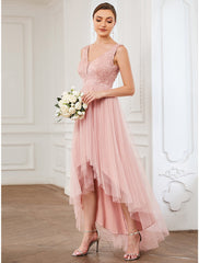 A-Line Bridesmaid Dress V Neck Sleeveless Elegant Short / Mini Lace / Tulle with Draping / Ruching  / High Low