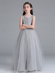 Sleeveless A-Line Flower Girl Dress with Lace Illussion Neck Tulle