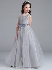 Sleeveless A-Line Flower Girl Dress with Lace Illussion Neck Tulle