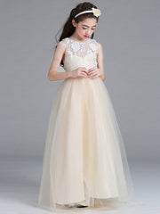 Sleeveless A-Line Flower Girl Dress with Lace Illussion Neck Tulle