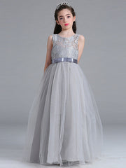 Sleeveless A-Line Round Floor Length Flower Girl Dress with Lace