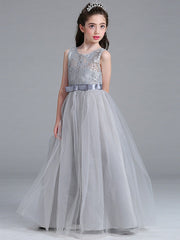 Sleeveless A-Line Round Floor Length Flower Girl Dress with Lace