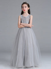 Sleeveless A-Line Round Floor Length Flower Girl Dress with Lace