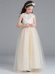 Sleeveless A-Line Round Floor Length Flower Girl Dress with Lace