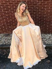 Sleeveless Floor-Length A-line With Beading Satin Dresses with Pockets