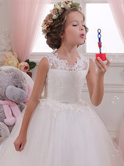 Sleeveless Flower Girl Dress with Scalloped Neckline and Lace Appliques Crystals and Rhinestones