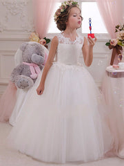 Sleeveless Flower Girl Dress with Scalloped Neckline and Lace Appliques Crystals and Rhinestones