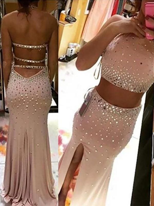 Sleeveless Halter Bedaings Two Piece Prom Dresses Long