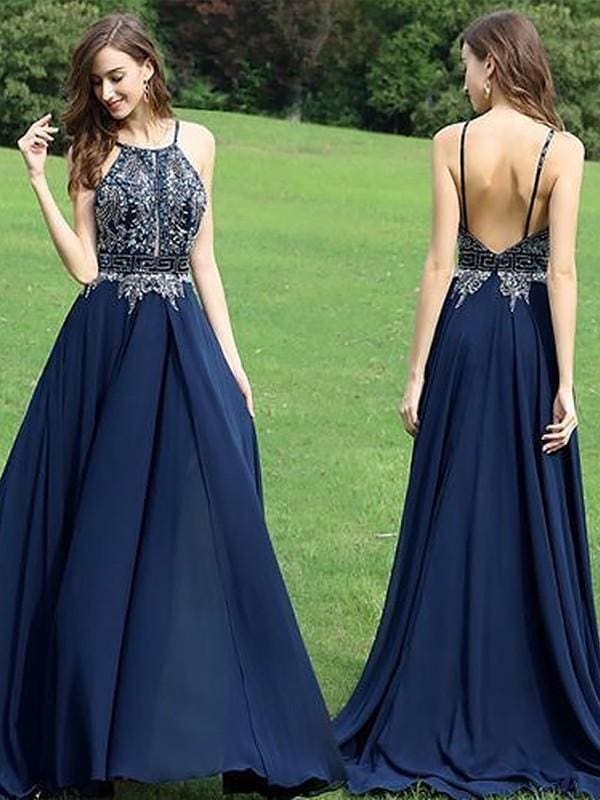 Sleeveless Halter Chiffon A-line With Beading Floor-Length Dresses