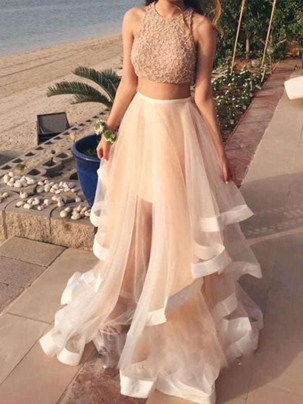 Sleeveless Halter Floor-Length With Beading Organza Two Piece Dresses