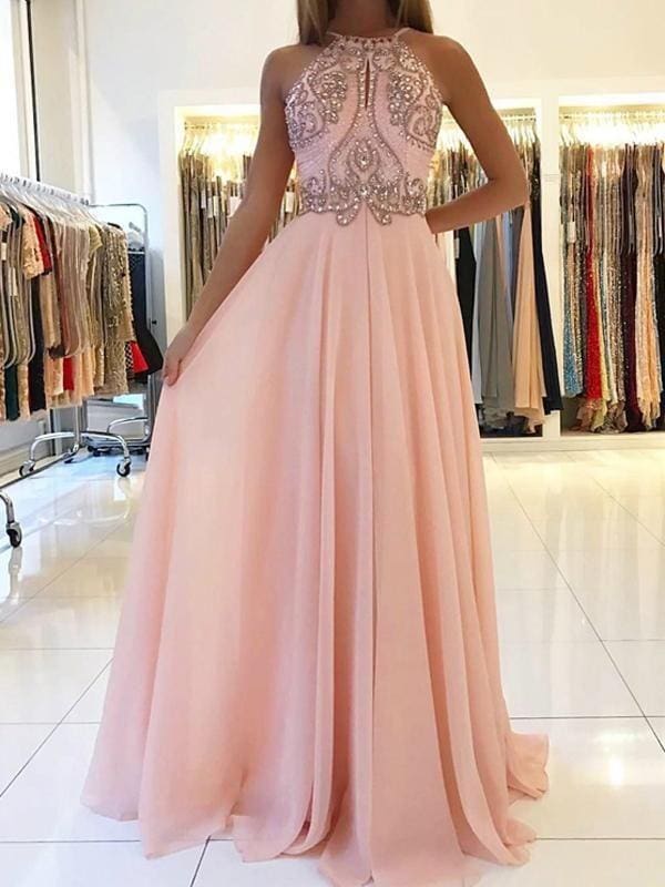 Sleeveless Halter Sweep/Brush Train With Beading Chiffon Dresses
