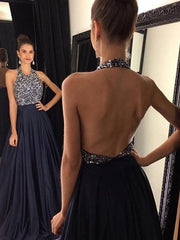 Sleeveless Halter Sweep/Brush Train With Beading Satin Prom Dresses