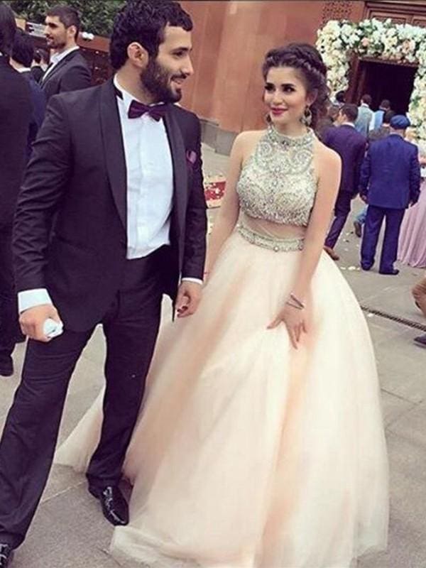 Sleeveless High Neck A-line Floor-Length Crystal Tulle Dresses