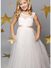 Sleeveless Illusion Neck A-Line Flower Girl Dress Lace Satin Tulle With Solid