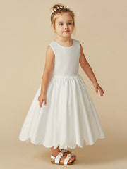 Sleeveless Jewel A-Line Tea Length Flower Girl Dress with Taffeta Sash and Pleats