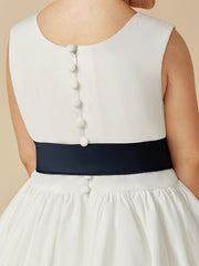 Sleeveless Jewel A-Line Tea Length Flower Girl Dress with Taffeta Sash and Pleats
