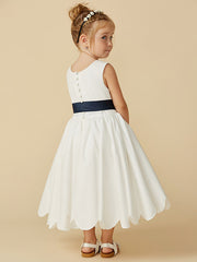 Sleeveless Jewel A-Line Tea Length Flower Girl Dress with Taffeta Sash and Pleats