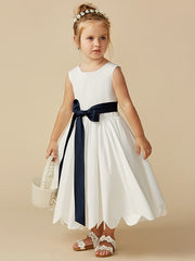 Sleeveless Jewel A-Line Tea Length Flower Girl Dress with Taffeta Sash and Pleats