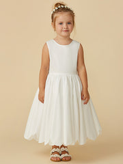 Sleeveless Jewel A-Line Tea Length Flower Girl Dress with Taffeta Sash and Pleats