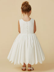 Sleeveless Jewel A-Line Tea Length Flower Girl Dress with Taffeta Sash and Pleats