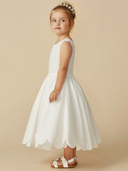 Sleeveless Jewel A-Line Tea Length Flower Girl Dress with Taffeta Sash and Pleats