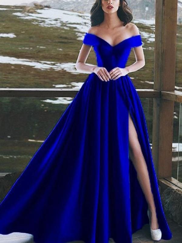 Sleeveless Off-The-Shoulder Floor-Length With Ruffles Satin Dresses