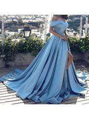 Sleeveless Off-The-Shoulder With Ruffles Satin Court Train Dresses